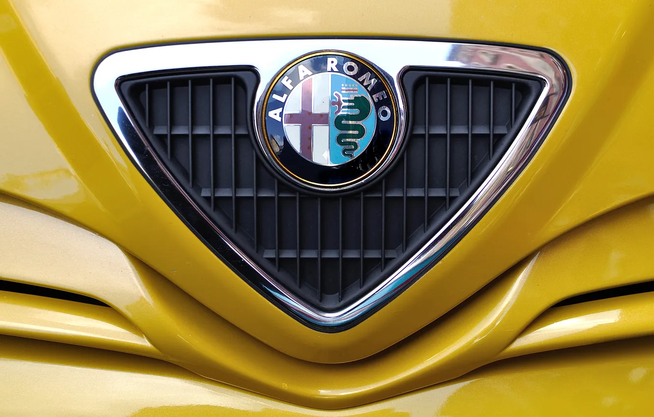 Фото обои Alfa Romeo, эмблема, Альфа Ромео, жёлтый фон