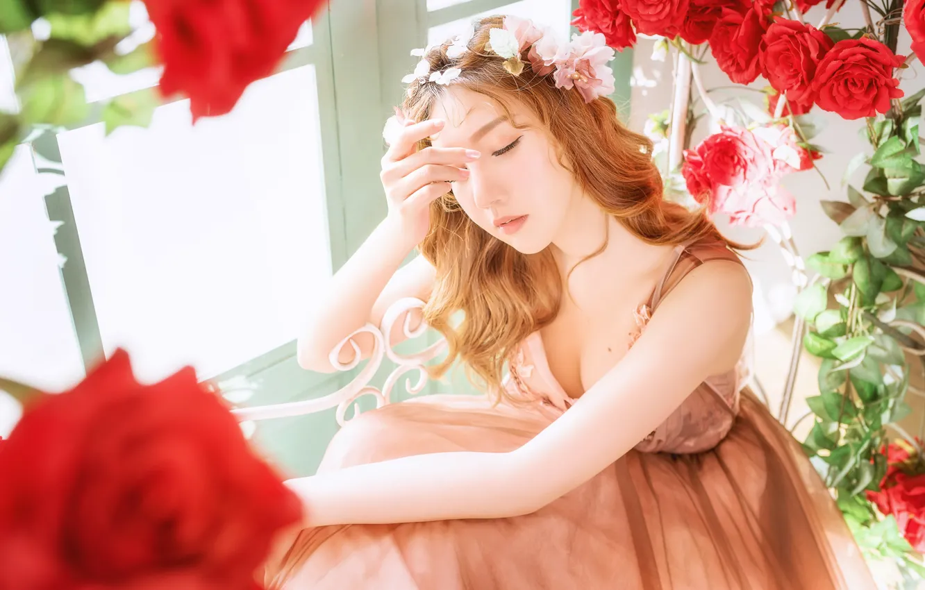 Фото обои девушка, свет, цветы, лицо, поза, портрет, розы, руки
