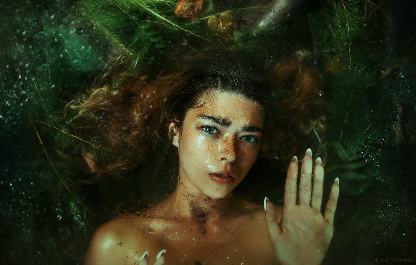 Фото обои взгляд, вода, девушка, ветки, рука, портрет, лежит, веснушки