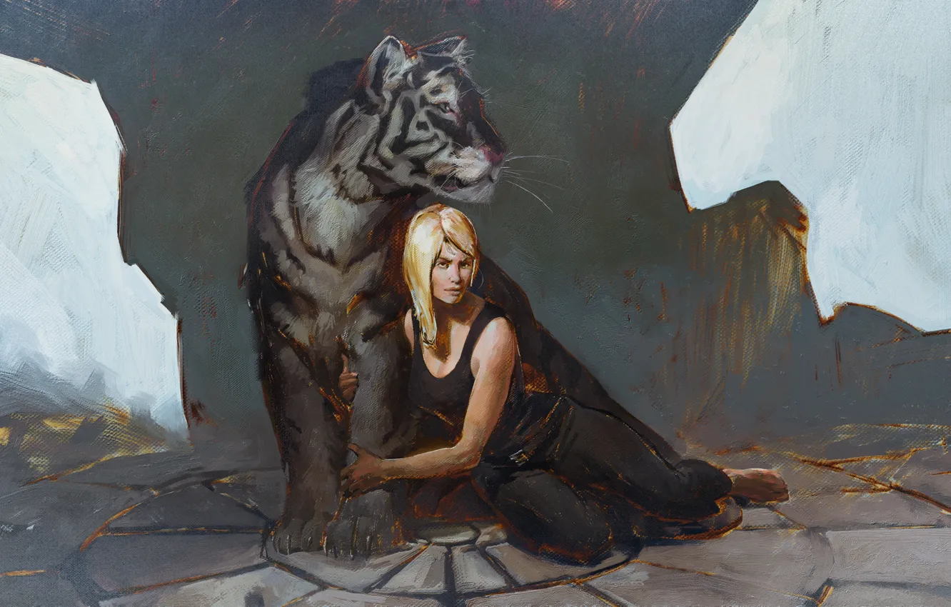 Фото обои взгляд, девушка, тигр, арт, блондинка