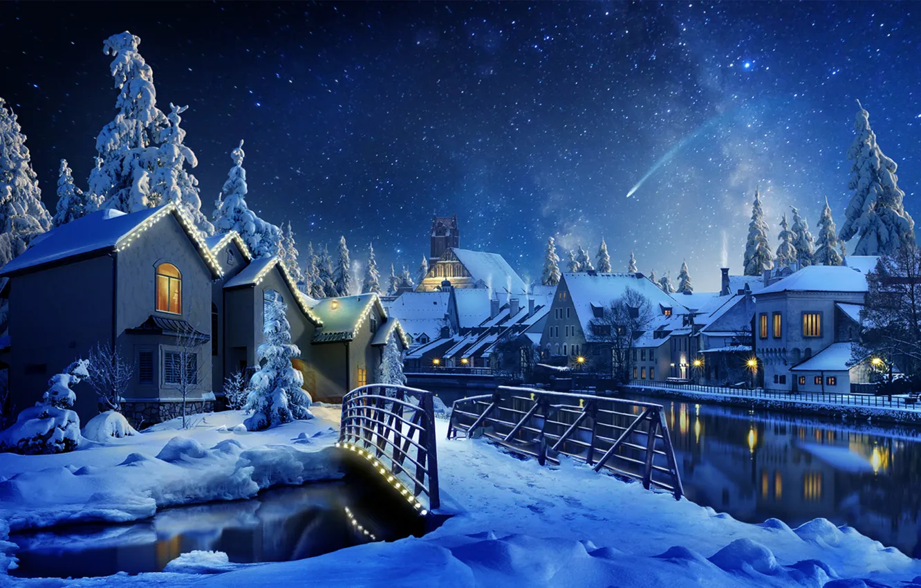 Фото обои снег, ночь, мост, река, елки, дома