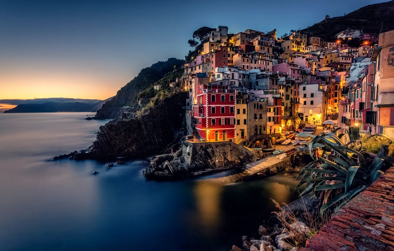 Фото обои море, побережье, здания, дома, Италия, Italy, Лигурийское море, Riomaggiore