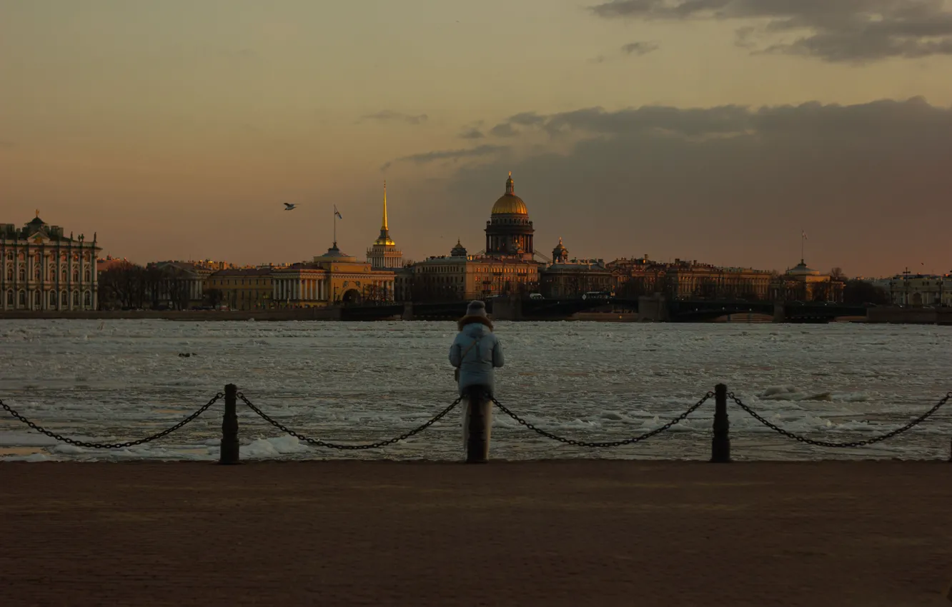 Фото обои Закат, Весна, Питер, Река, Санкт-Петербург, Исаакиевский собор, Петропавловская крепость, Россия