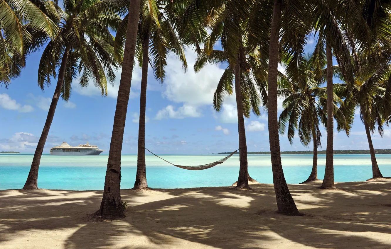 Фото обои пляж, тропики, пальмы, океан, корабль, гамак, South Pacific