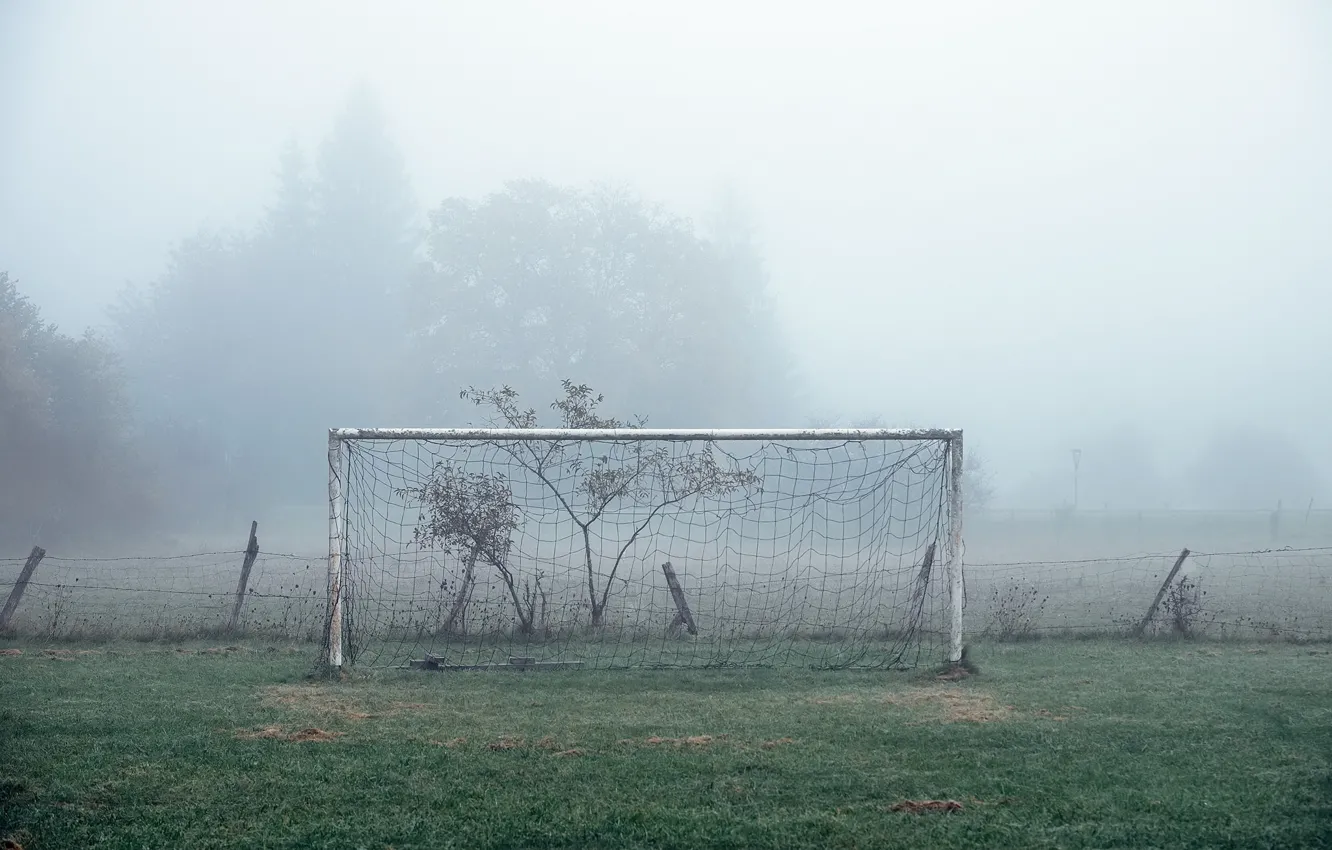 Фото обои поле, туман, футбол, спорт, ворота