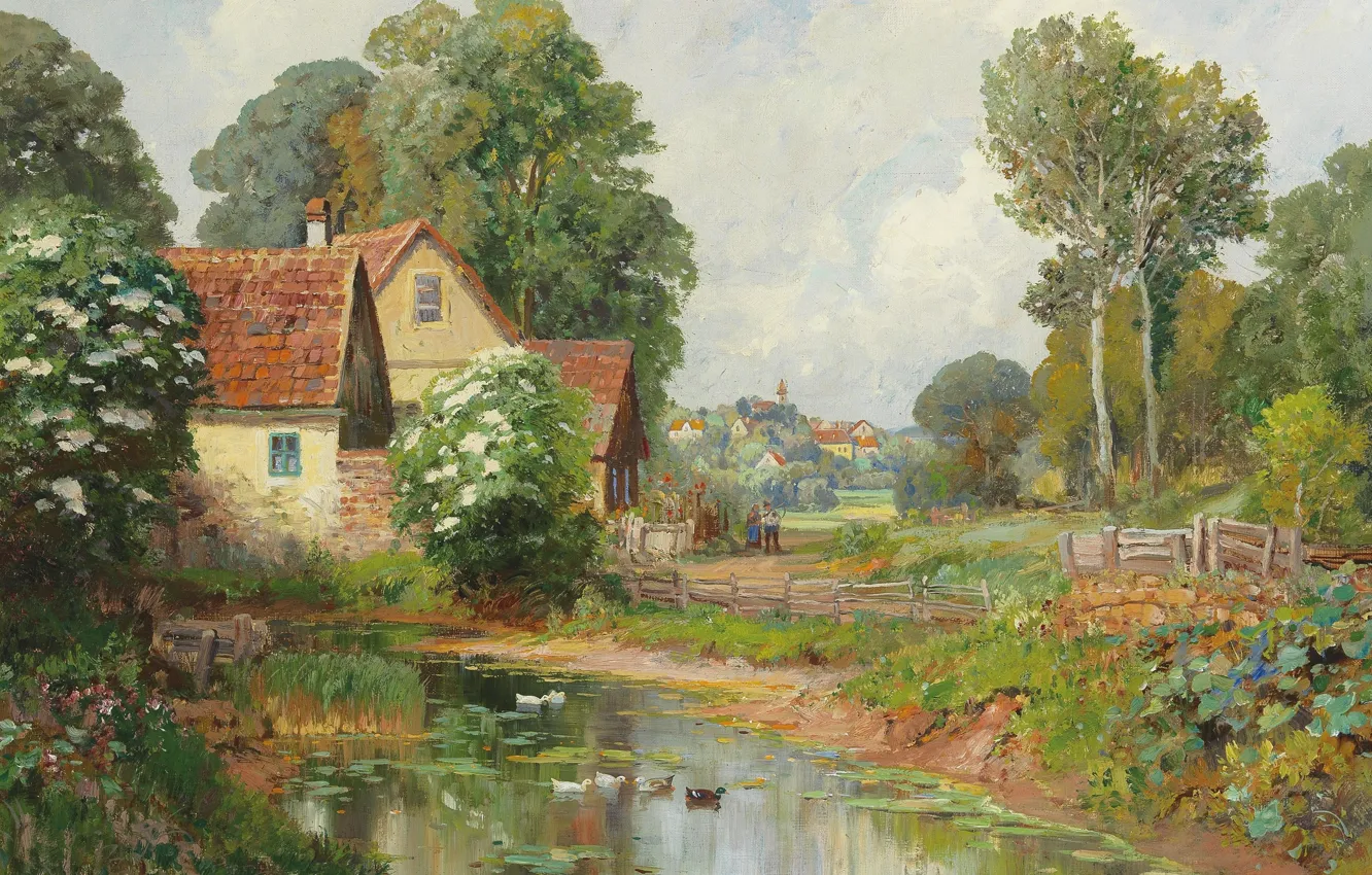 Фото обои Alois Arnegger, Austrian painter, австрийский живописец, oil on canvas, Алоис Арнеггер, Landschaft mit Dorf im …
