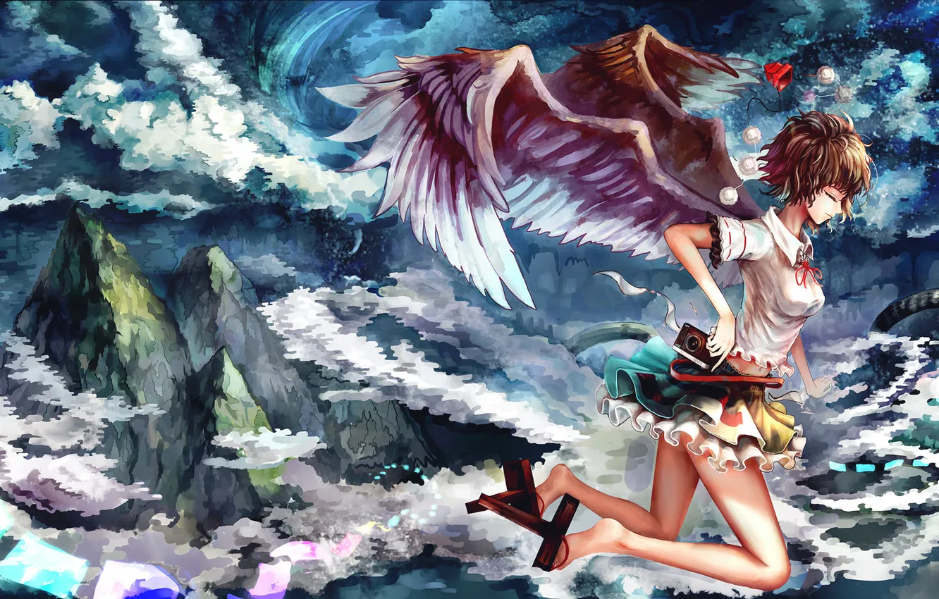 Фото обои небо, девушка, облака, горы, крылья, аниме, арт, touhou