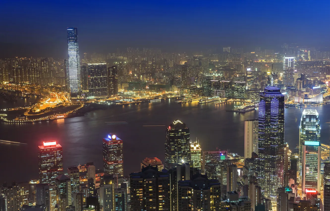 Фото обои ночь, город, река, фото, дома, Гонконг, Китай, мегаполис
