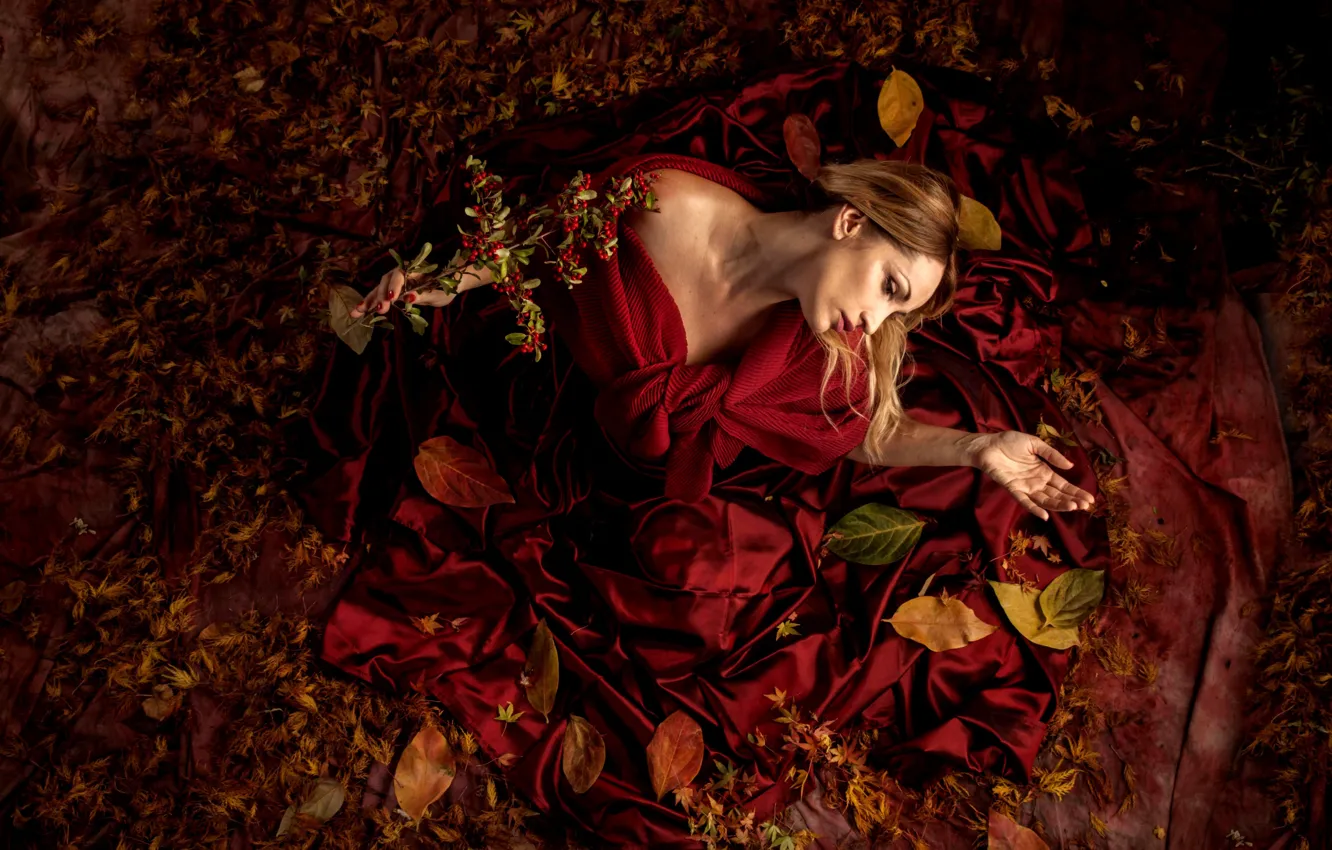 Фото обои листья, ягоды, фантазия, женщина, ветка, Danijela