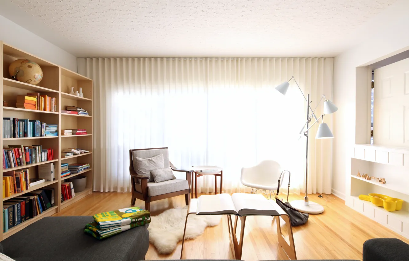 Фото обои стол, комната, книги, кресло, альбом, полки