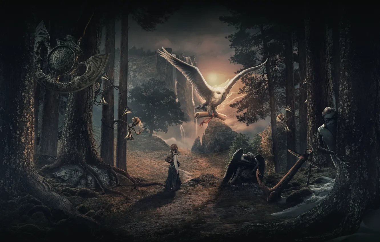 Фото обои лес, сова, водопад, девочка, якорь, nightwish, маятник