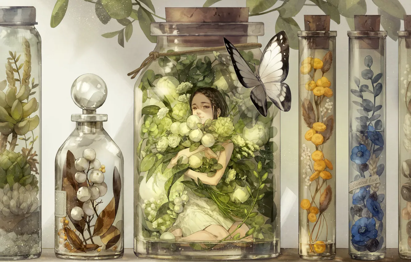 Фото обои пузырьки, бабочка, фея, баночки, пробки, пробирки, растения и цветы, желтые цветочки