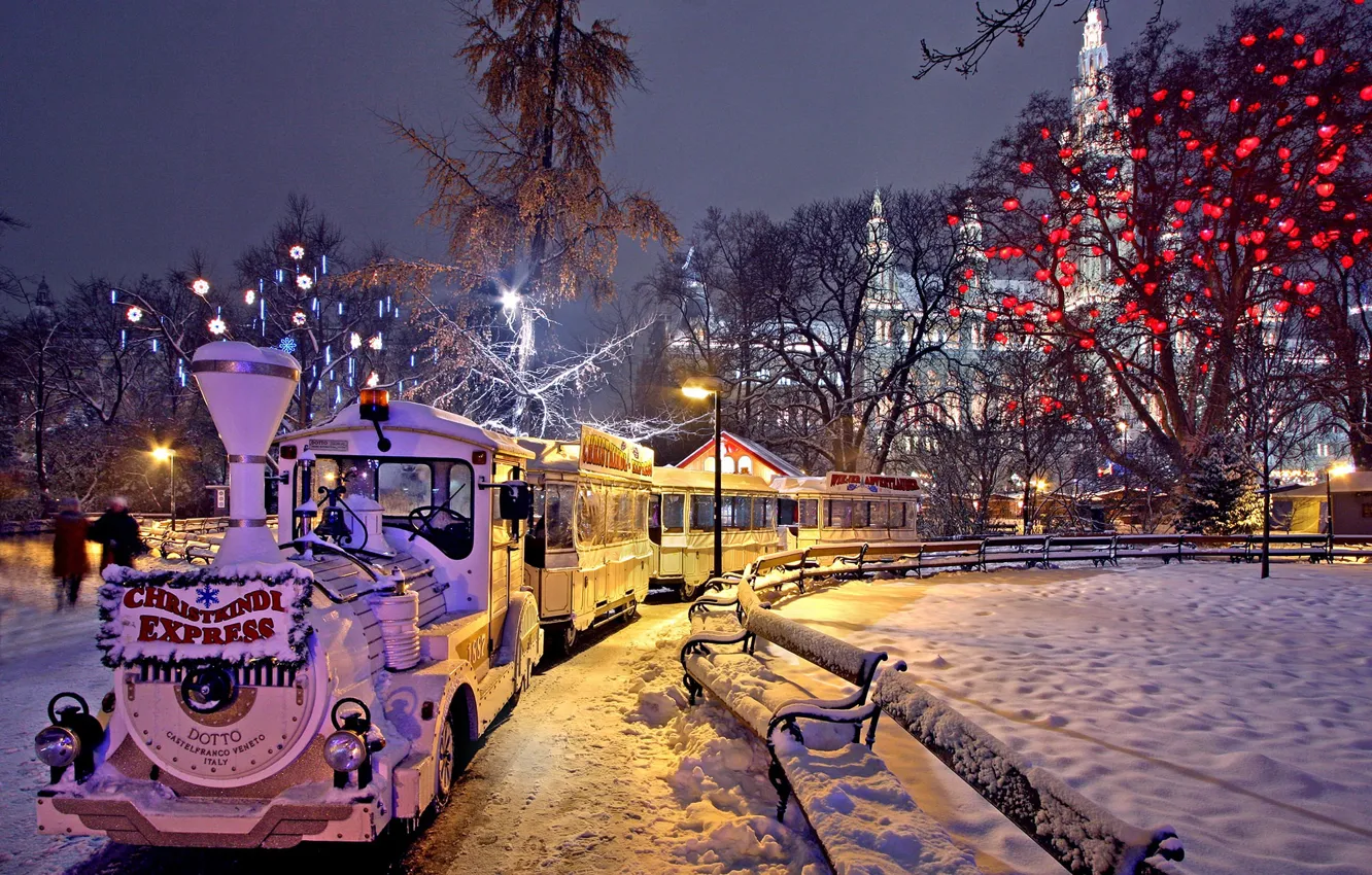 Фото обои зима, парк, рождество, Вена, ночное фото, рождественский рынок, интересные места