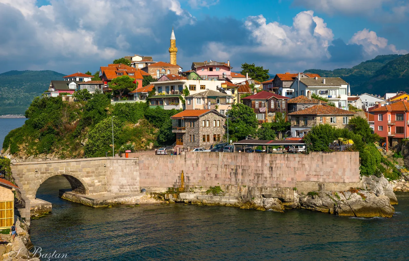 Фото обои море, мост, остров, здания, дома, Турция, Turkey, Чёрное море