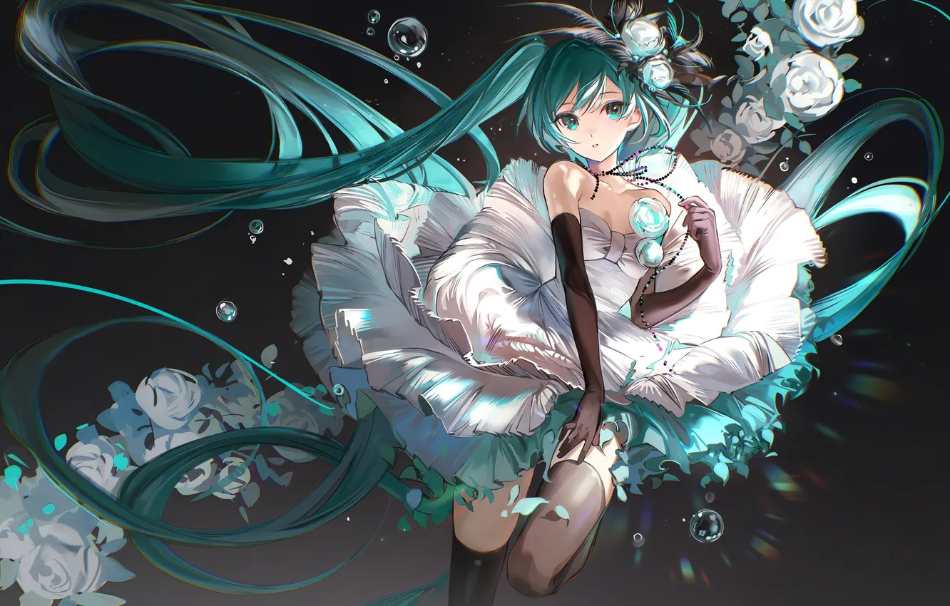 Фото обои girl, sexy, Hatsune Miku, cleavage, Vocaloid, thighhighs, long hair, dress