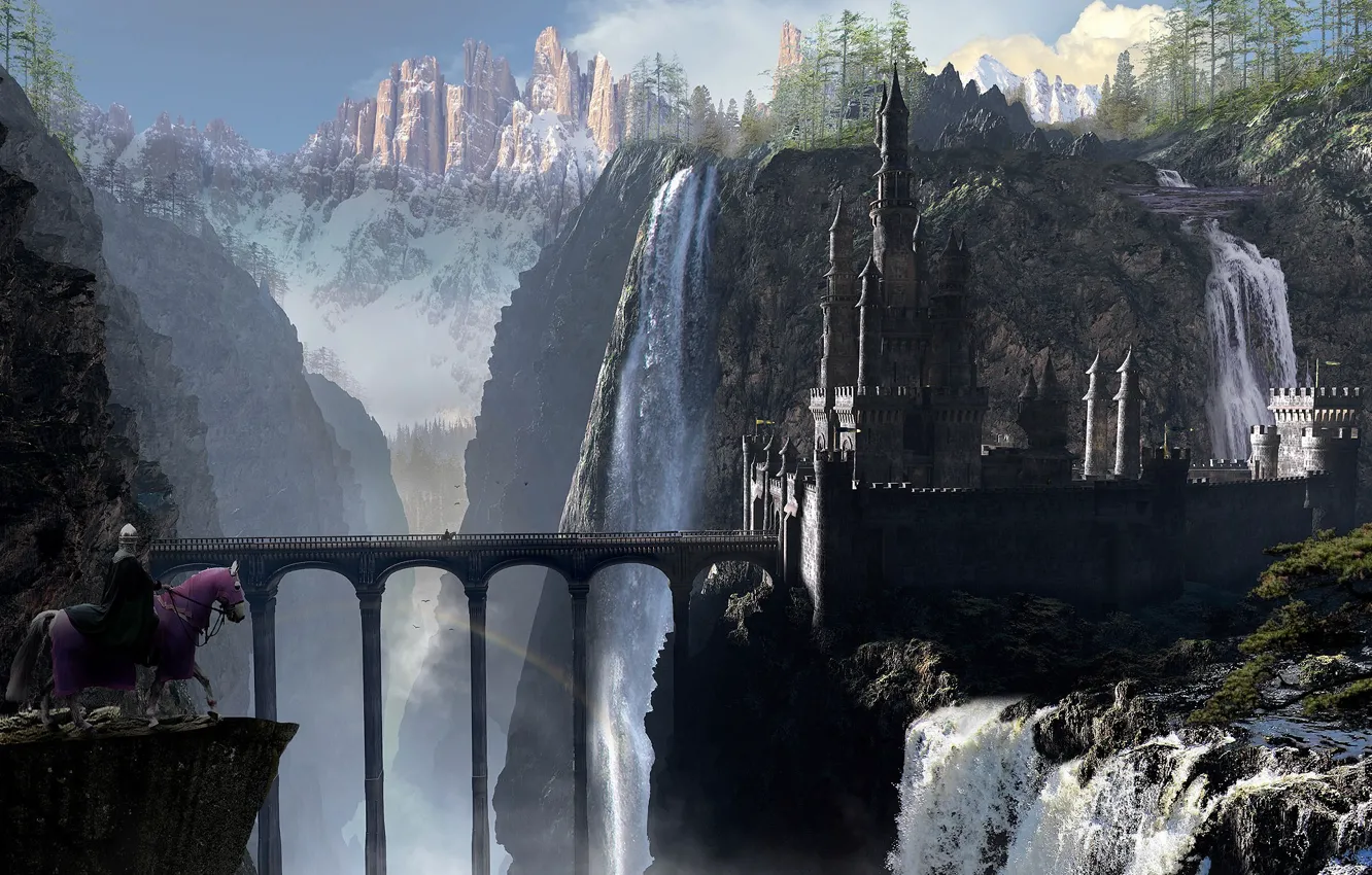 Фото обои мост, замок, конь, арт, всадник, арки, водопады