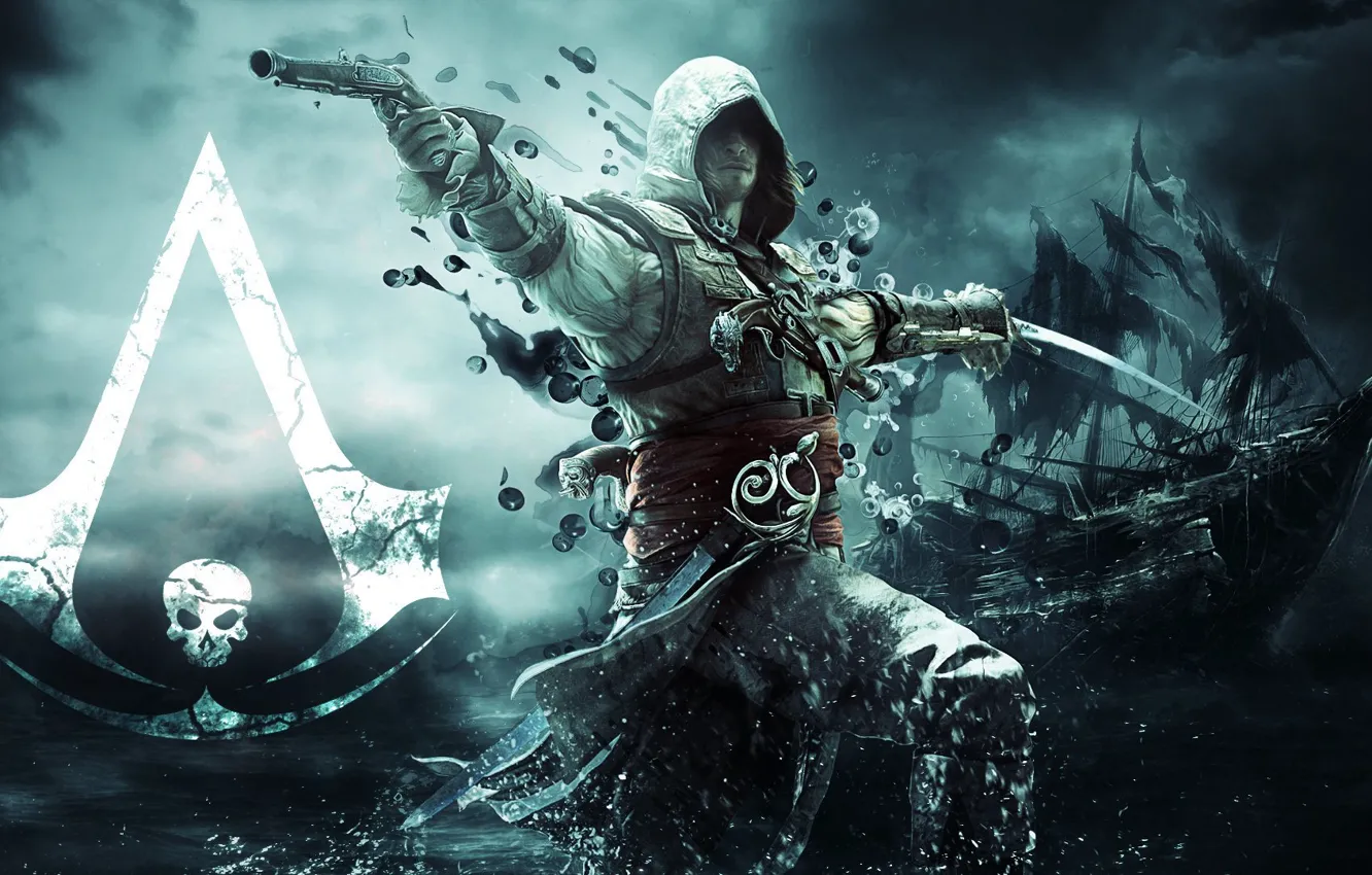 Фото обои пистолет, корабль, меч, флаг, пират, ассасин, Эдвард Кенуэй, Assassin's Creed IV: Black Flag