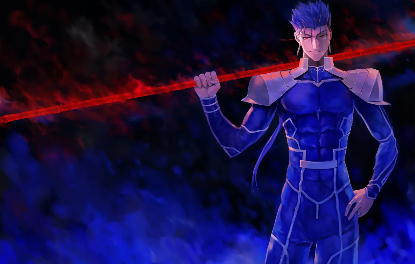 Фото обои улыбка, оружие, аниме, арт, парень, fate stay night, lancer, bob