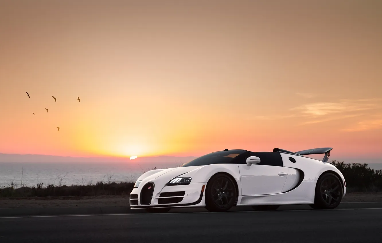 Фото обои Bugatti, Veyron, Sky, Front, Sun, Sunset, White, Supercar