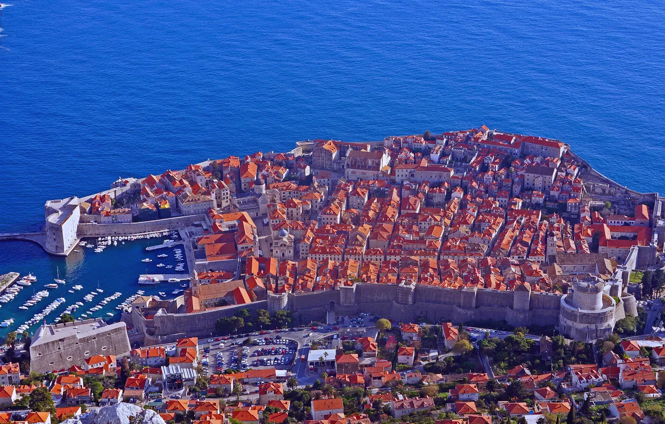 Фото обои море, стена, дома, панорама, крепость, Хорватия, Дубровник, Далмация