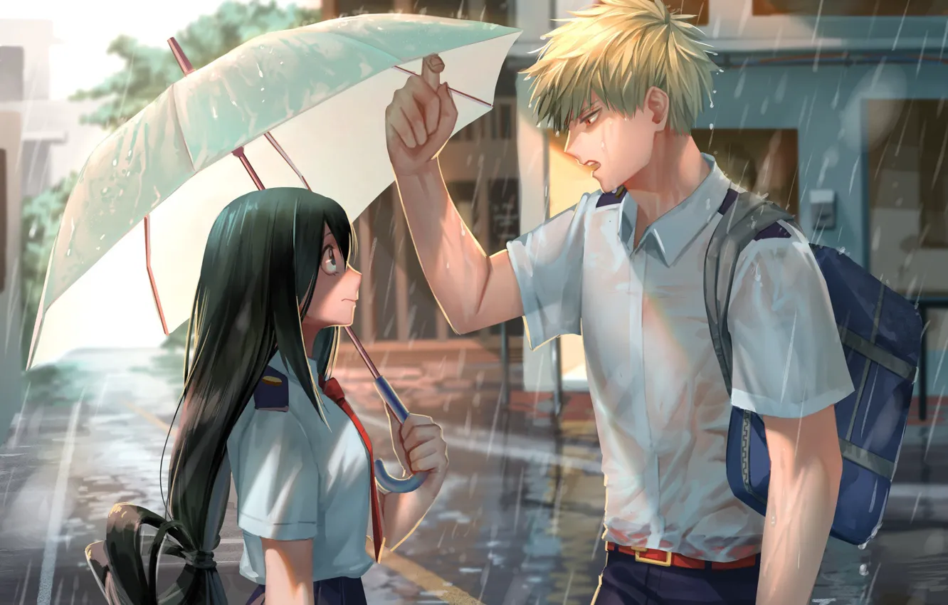 Фото обои девушка, дождь, зонт, парень, Моя геройская академия, My Hero Academia, Boku No Hero Academia, Бакуго …