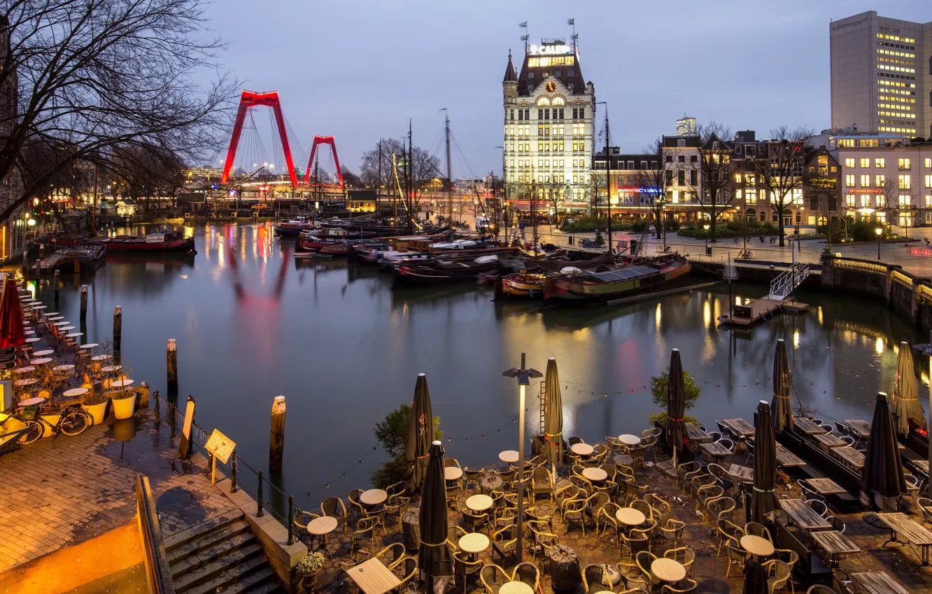 Фото обои огни, вечер, Нидерланды, Голландия, Роттердам