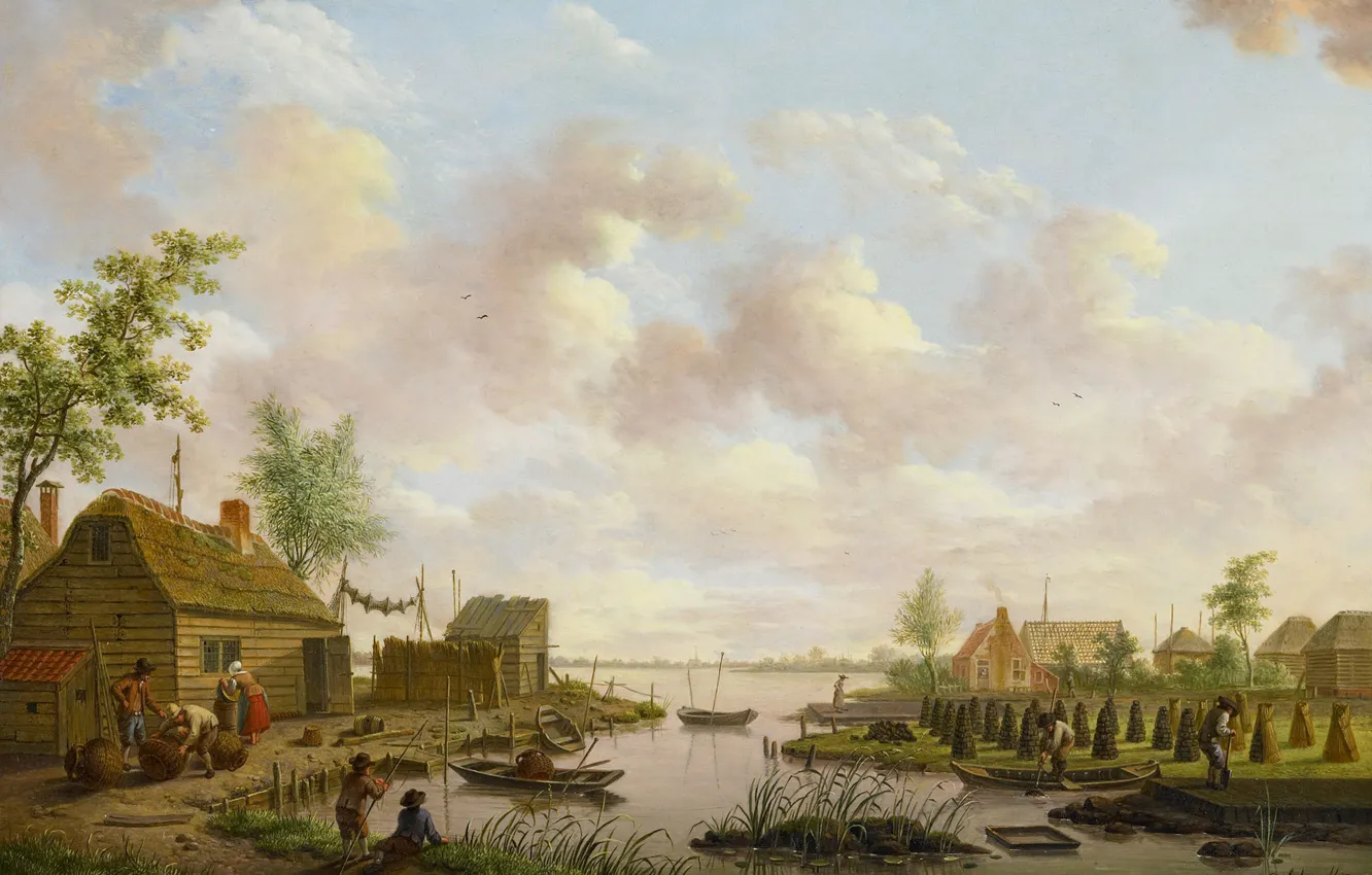 Фото обои дерево, масло, картина, Хендрик Виллем Швейкхардт, Пейзаж с Рыбаками и Крестьянами Добывающими Торф