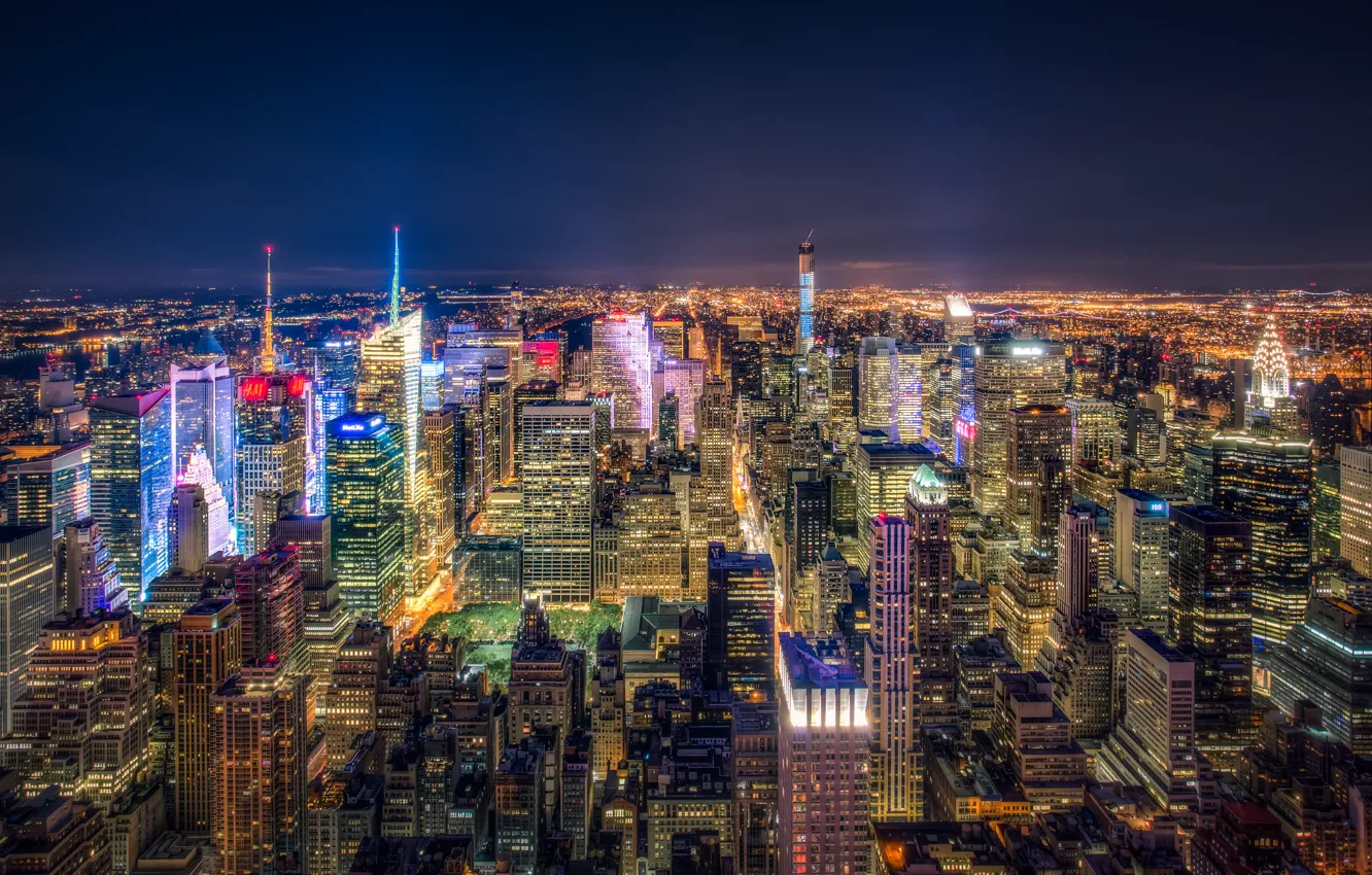 Фото обои ночь, огни, Нью-Йорк, небоскребы, панорама, США, мегаполис