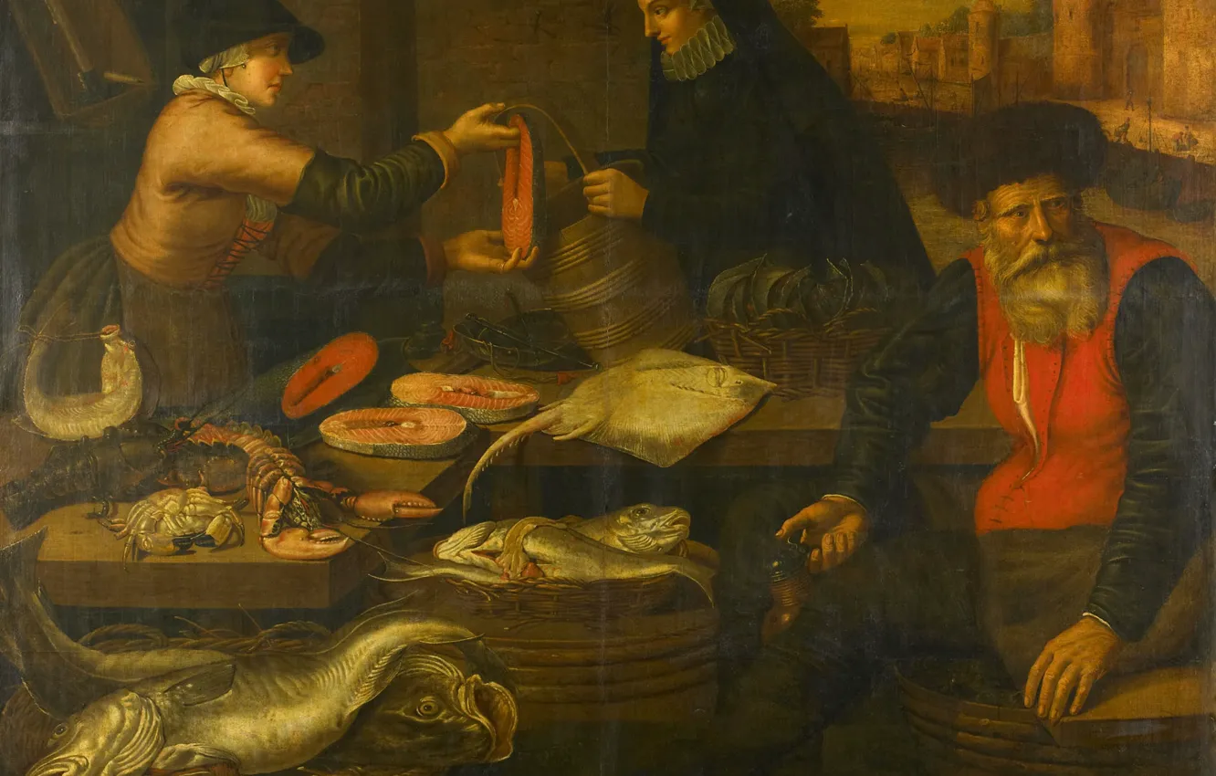 Фото обои масло, картина, холст, Jacob van Nieulandt, Торговцы Рыбой, 1617