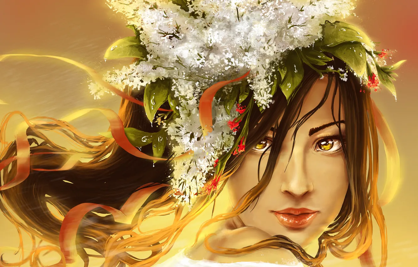 Фото обои взгляд, листья, девушка, цветы, лицо, волосы, арт, губы