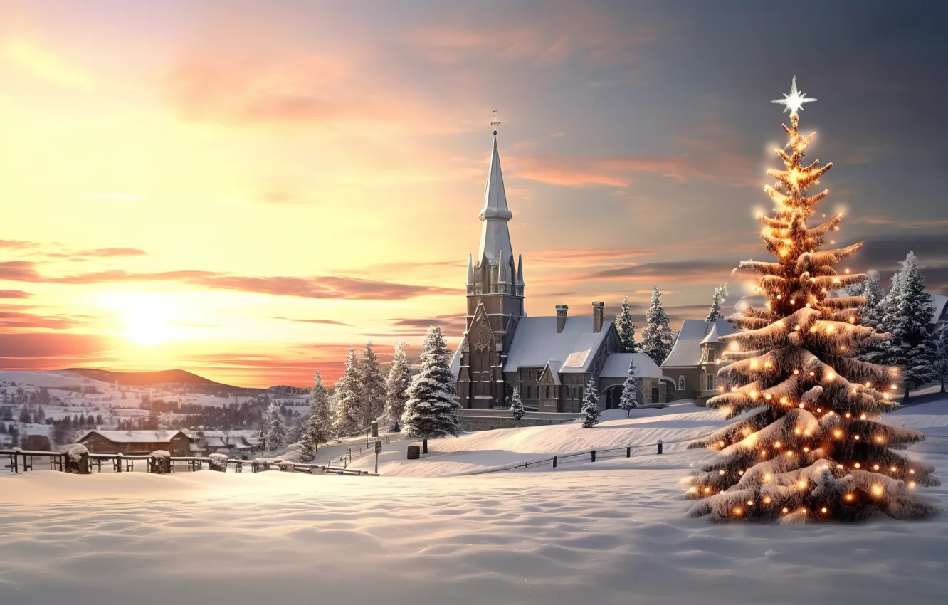 Фото обои зима, снег, ночь, lights, рассвет, елка, Новый Год, мороз