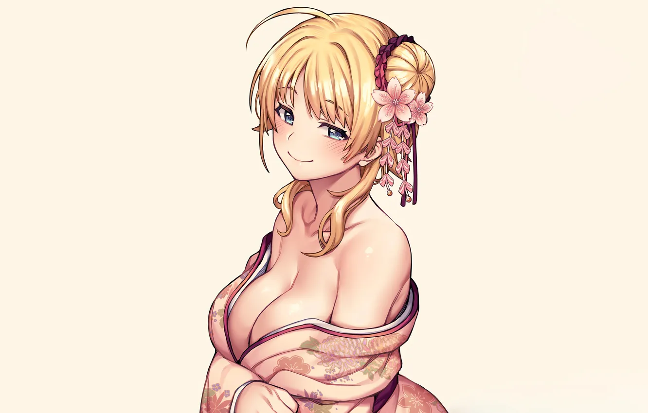Фото обои girl, sexy, yukata, cleavage, dress, boobs, smile, anime