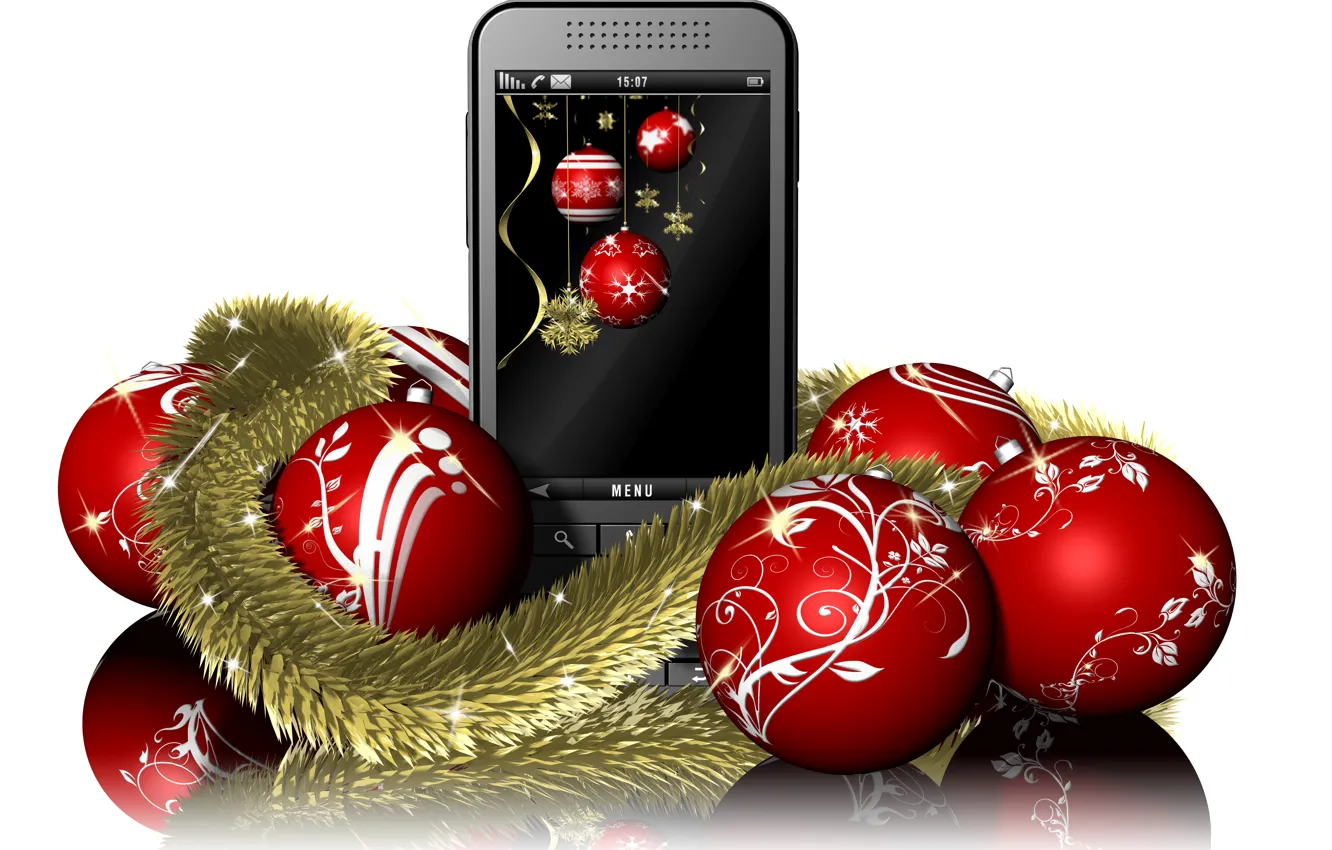 Фото обои снежинки, красный, отражение, праздник, шары, игрушка, новый год, Рождество