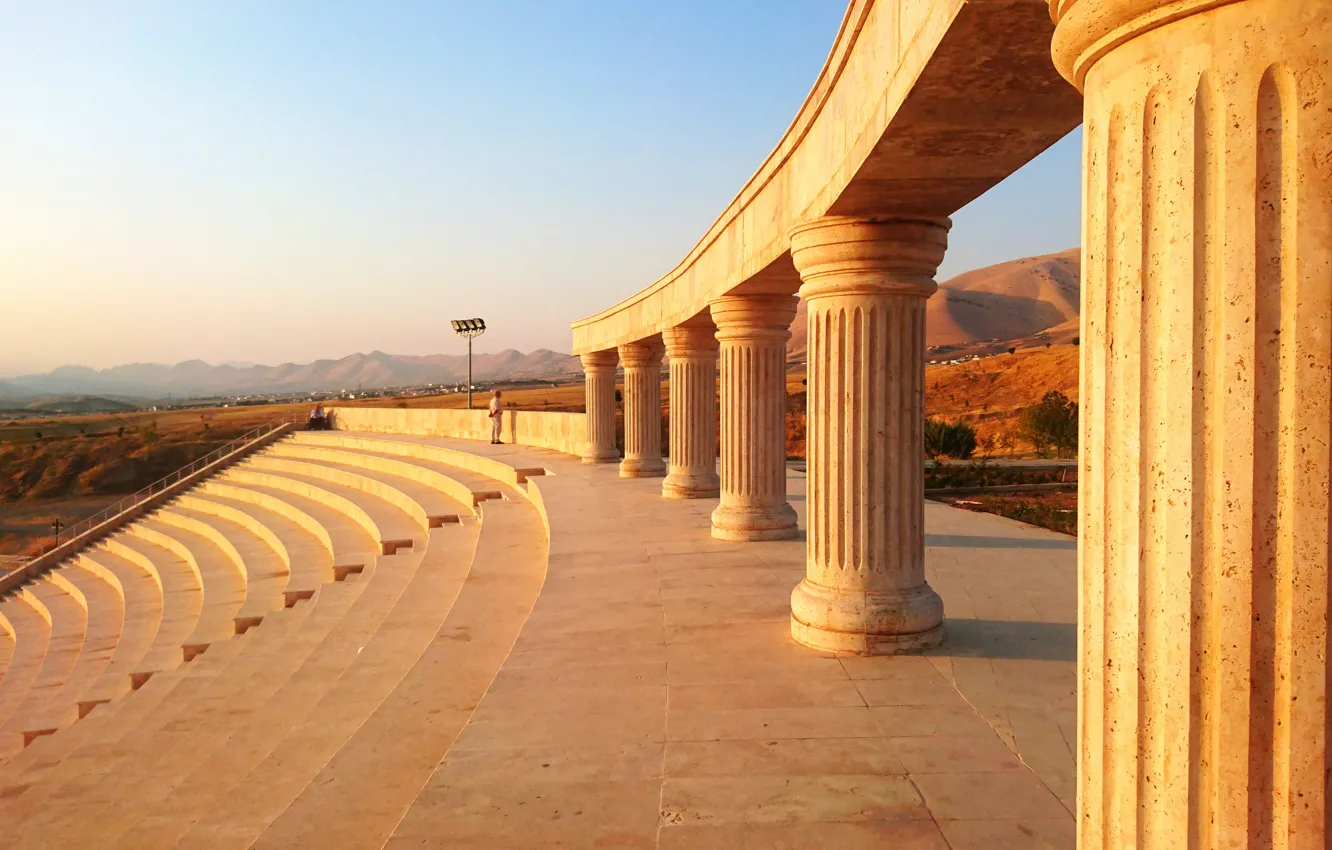 Фото обои sunset, view, steps, stage, kurdistan, pillars, هەواری شار