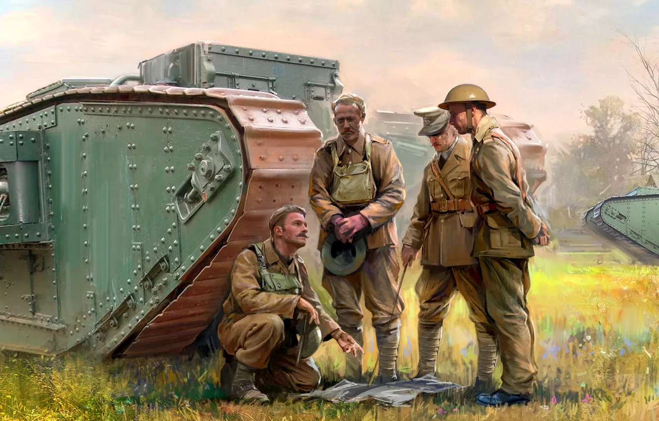 Фото обои Танк, тяжелый танк, British Army, Танкисты, Mark I, Первая Мировая война