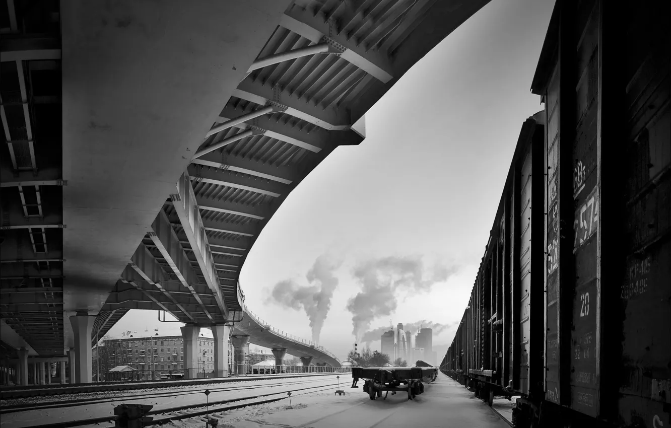 Фото обои зима, снег, мост, черно-белая, вагоны, железная дорога
