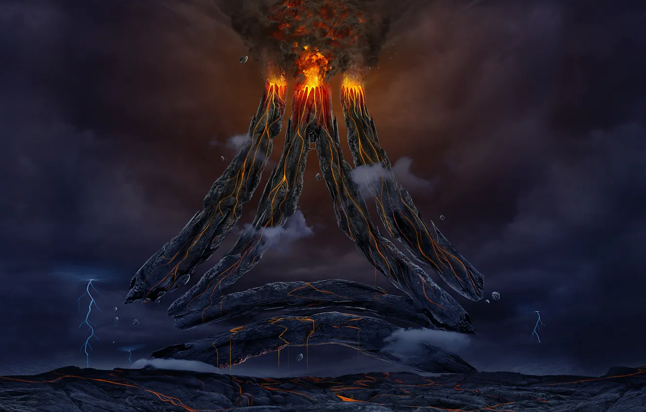 Фото обои фантастика, вулкан, арт, лава