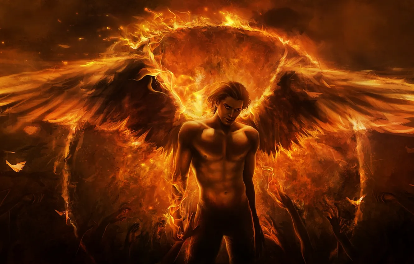 Фото обои огонь, крылья, ангел, руки, демон, арт, парень, Imaliea