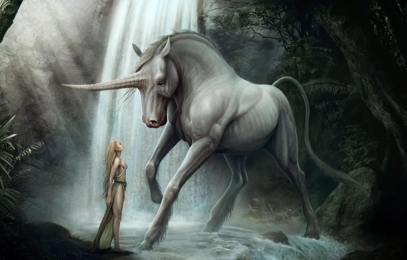 Фото обои лес, девушка, конь, водопад, арт, единорог, рог, kenbarthelmey
