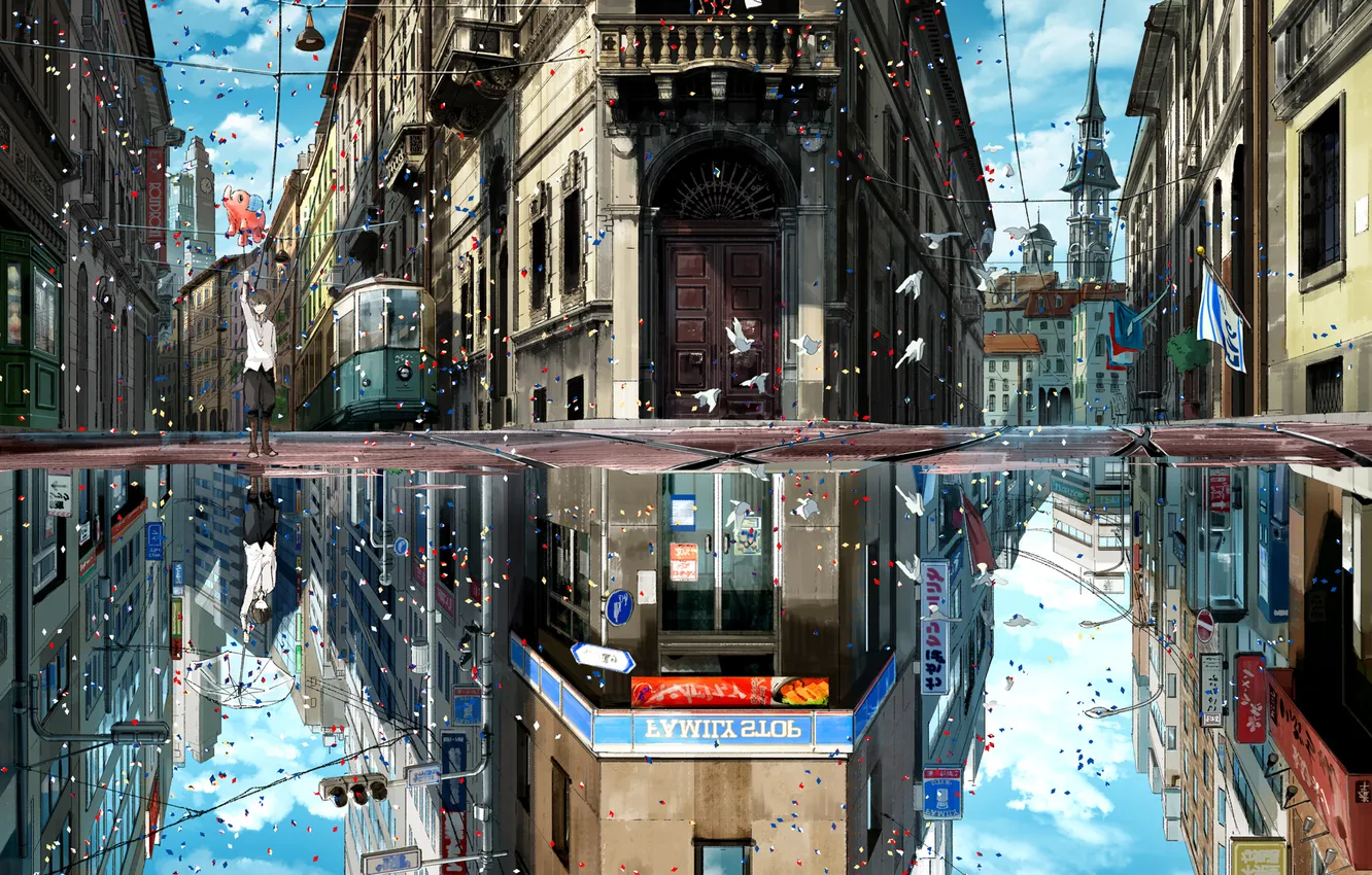 Фото обои птицы, город, отражение, воздушный шар, праздник, Мальчик, зонт, трамвай