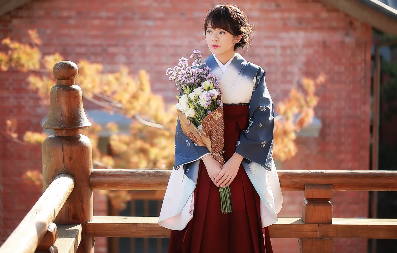 Фото обои девушка, цветы, стиль, азиатка