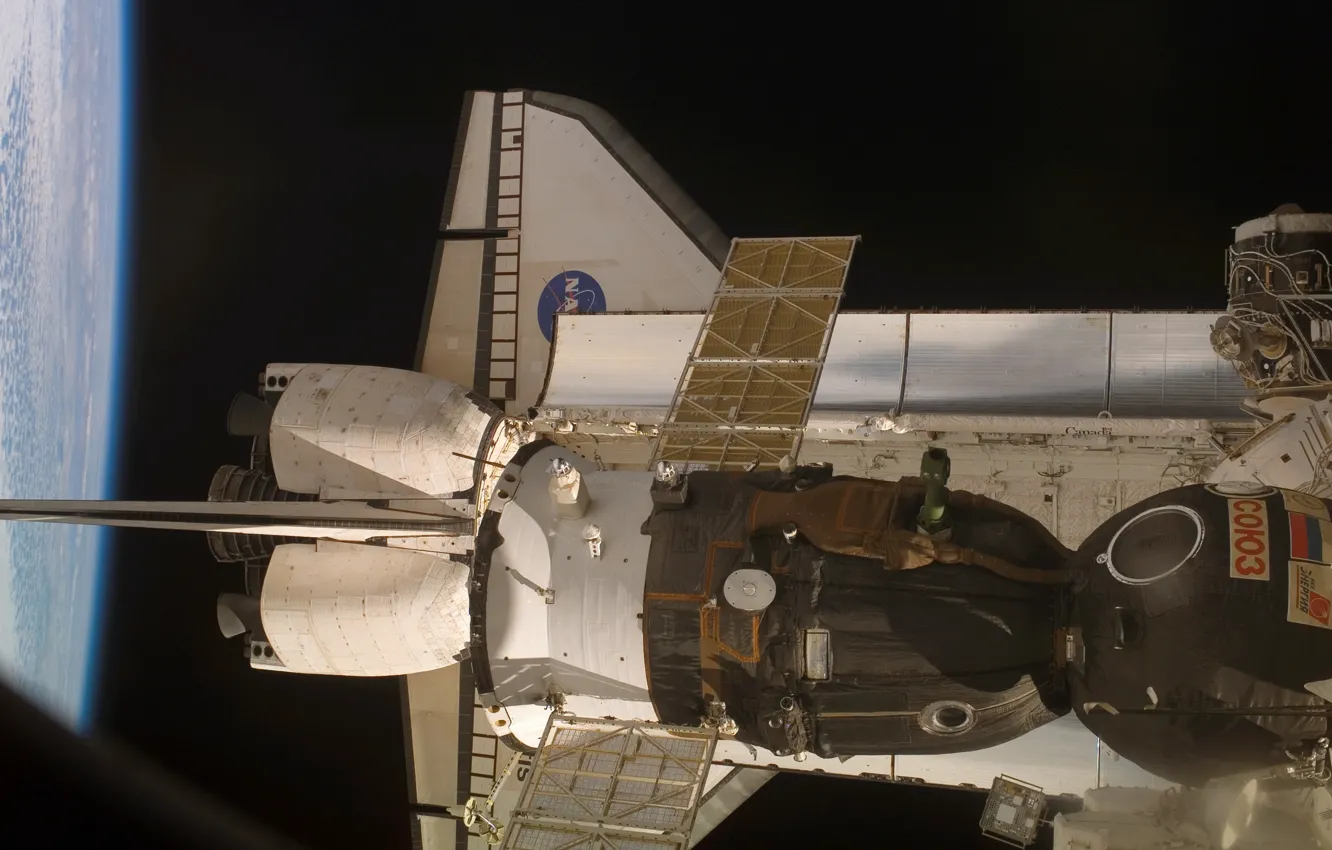 Фото обои космос, Земля, шаттл, NASA, Space Shuttle, Союз-ТМА