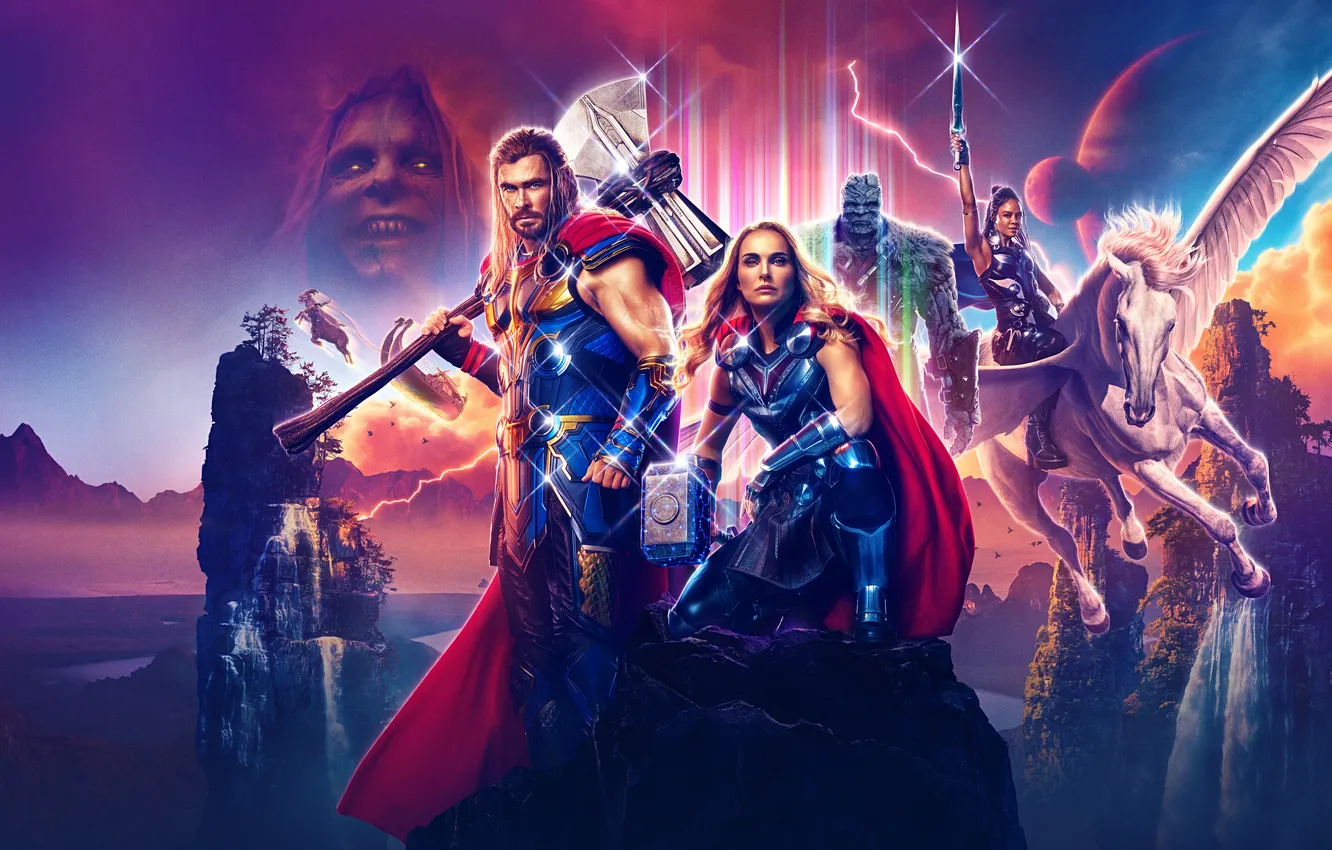 Фото обои Natalie Portman, Натали Портман, постер, комикс, супергерои, Крис Хемсворт, MARVEL, Chris Hemsworth