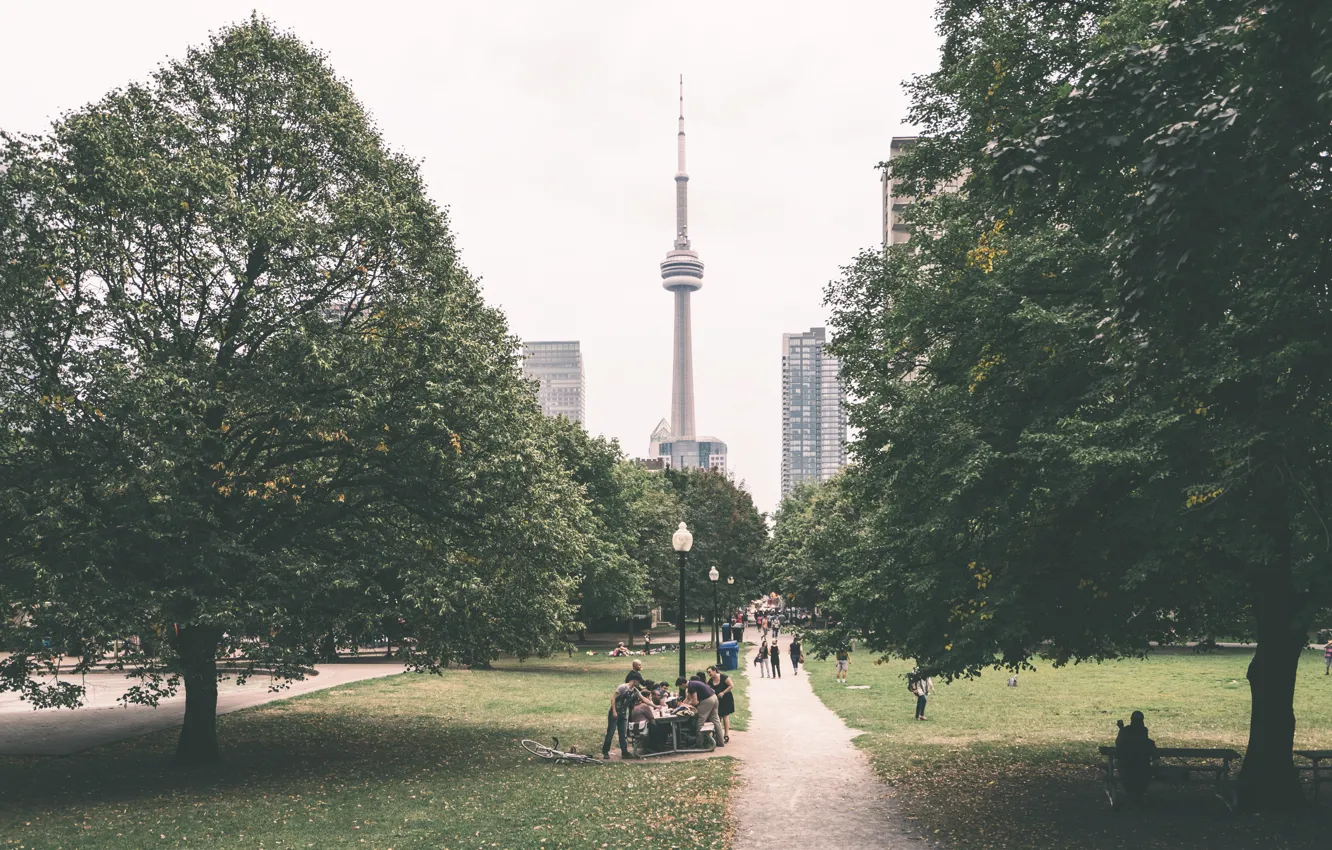 Фото обои деревья, парк, люди, отдых, башня, Канада, Торонто, Canada