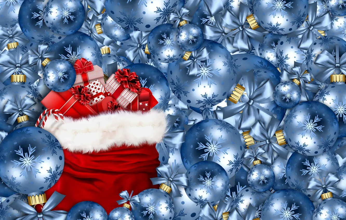 Фото обои зима, шарики, снежинки, красный, праздник, шары, вектор, голубые