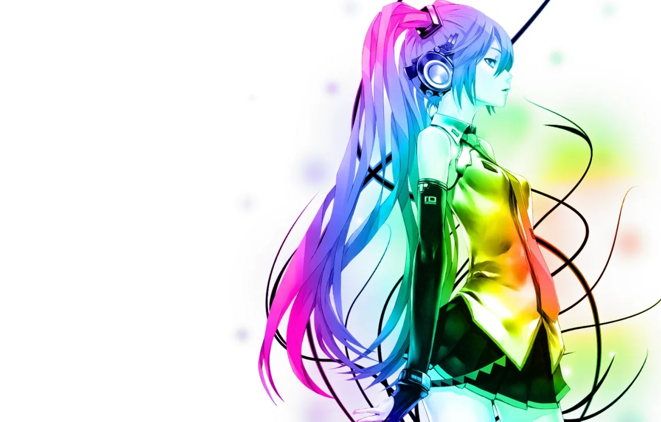 Фото обои цвета, девушка, спектр, наушники, арт, белый фон, профиль, vocaloid
