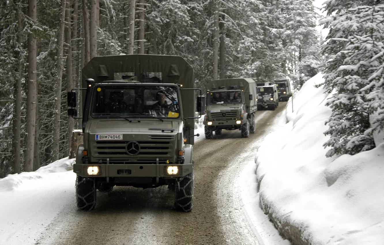 Фото обои зима, снег, Mercedes, колонна, unimog, u5000