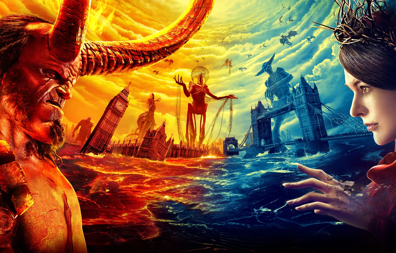 Фото обои фантастика, постер, Милла Йовович, Milla Jovovich, Hellboy, Хеллбой, David Harbour, Дэвид Харбор