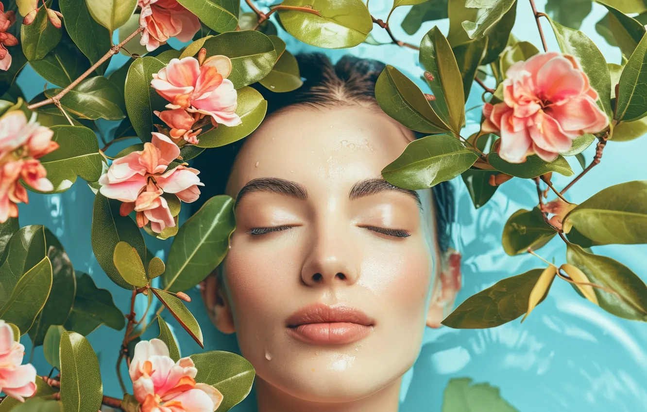 Фото обои вода, девушка, цветы, лицо, купание, ИИ-арт, нейросеть