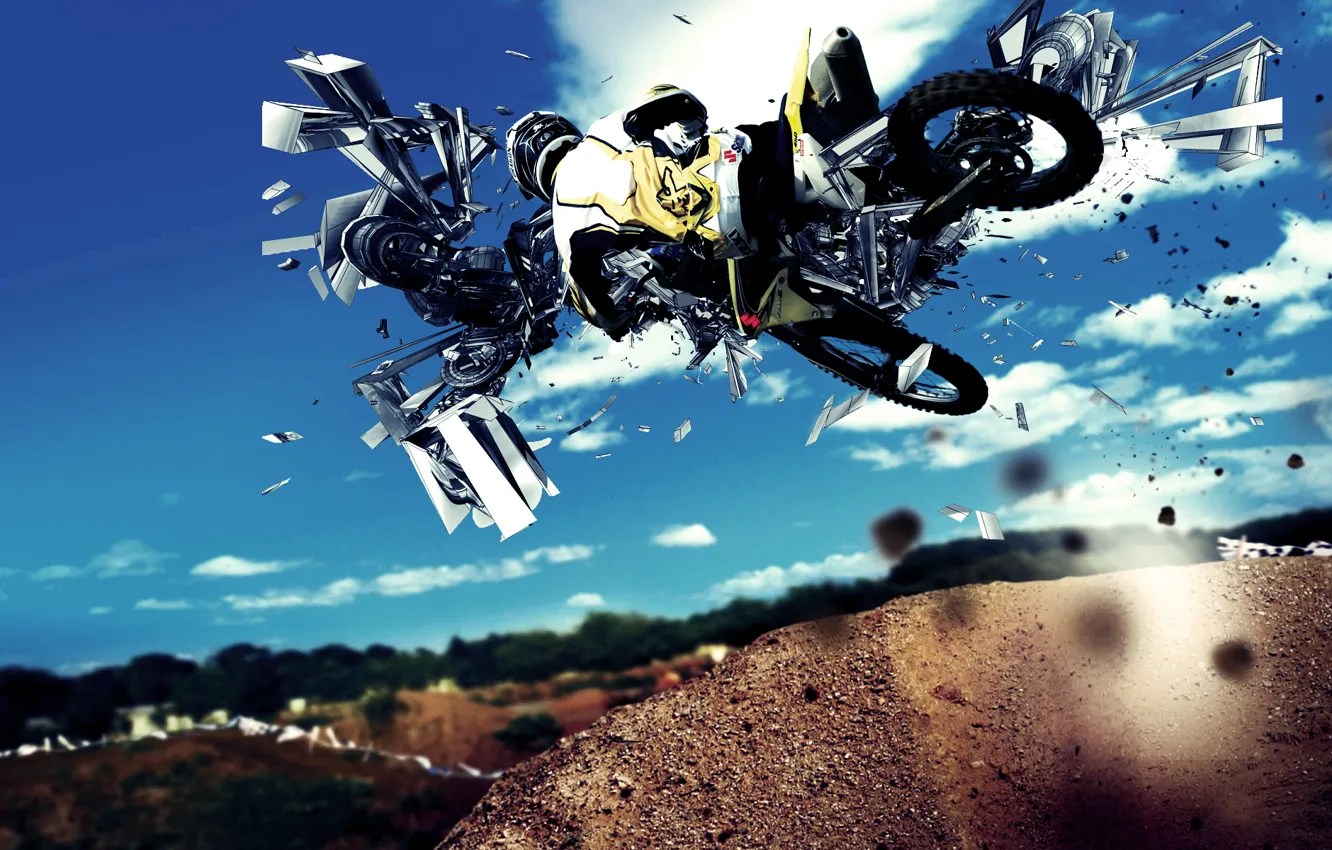 Фото обои абстракции, прыжок, мотоцикл